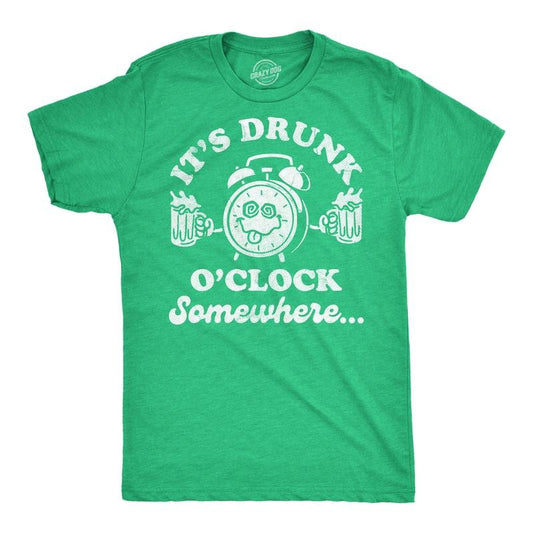 Mens Funny T Shirts Its Drunk Oclock Somewhere Sarcastic St Patricks Day Graphic Novelty Tee For Men Mens Funny T Shirts Cool Tees Soft Stylish Casual Menswear Saint Patrick's Day Apparel for Men Green -