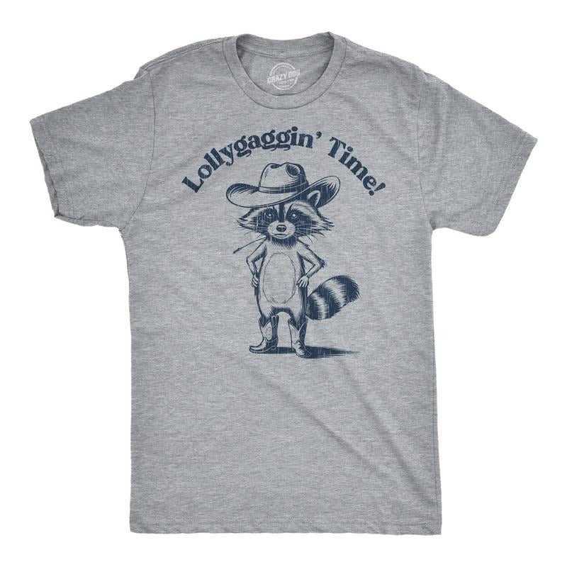 Mens Funny T Shirts Lollygaggin Time Sarcastic Raccoon Graphic Novelty Tee For Men Mens Funny T Shirts Cool Tees Soft Stylish Casual Menswear Funny Sarcastic Short Sleeve Novelty Tees for Guys Light Grey