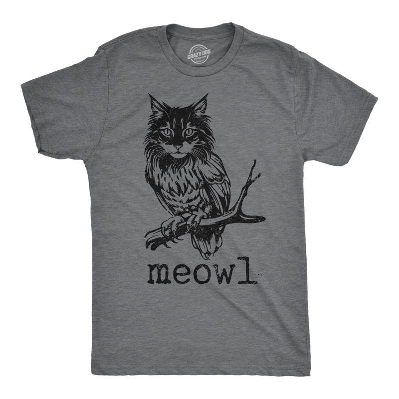 Mens Funny T Shirts Meowl Sarcastic Cat Owl Graphic Novelty Tee For Men Mens Funny T Shirts Cool Tees Soft Stylish Casual Menswear Sarcastic Apparel for Men Funny Cat Short Sleeve Novelty Tees for Dark Grey
