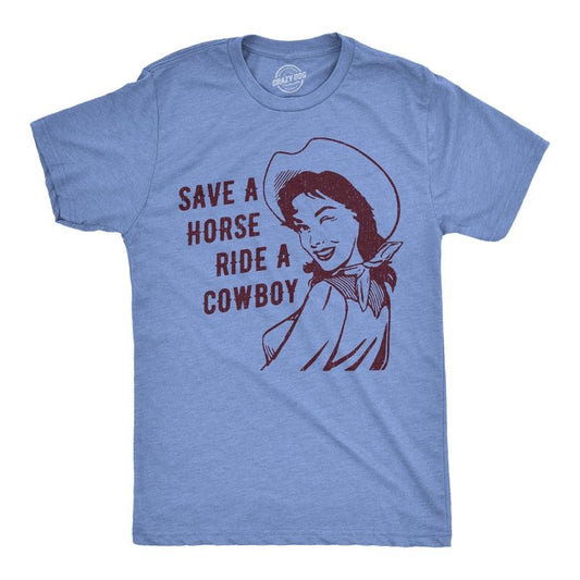 Mens Funny T Shirts Save A Horse Ride A Cowboy Graphic Tee For Men Mens Funny T Shirts Cool Tees Soft Stylish Casual Menswear Funny Sarcastic Short Sleeve Novelty Tees for Guys Light Blue