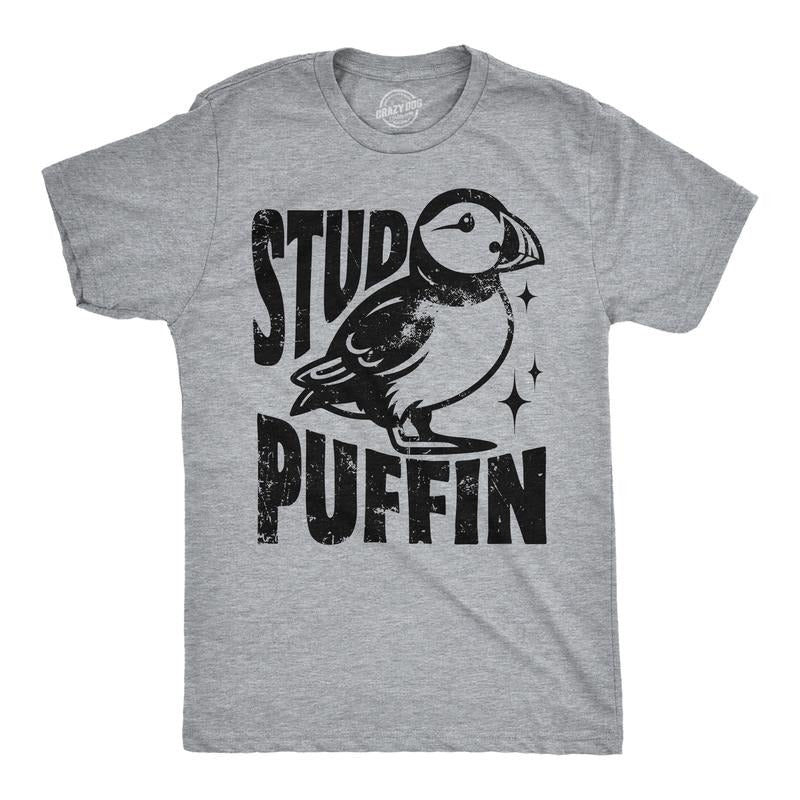 Mens Funny T Shirts Stud Puffin Sarcastic Graphic Tee For Men Mens Funny T Shirts Cool Tees Soft Stylish Casual Menswear Sarcastic Apparel for Men Funny Animal Short Sleeve Novelty Tees for Guys Light Grey