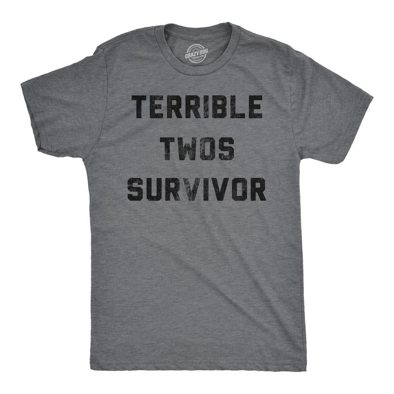 Mens Funny T Shirts Terrible Twos Survivor Sarcastic Parenting Graphic Novelty Tee for Men Mens Funny T Shirts Cool Tees Soft Stylish Dark Grey