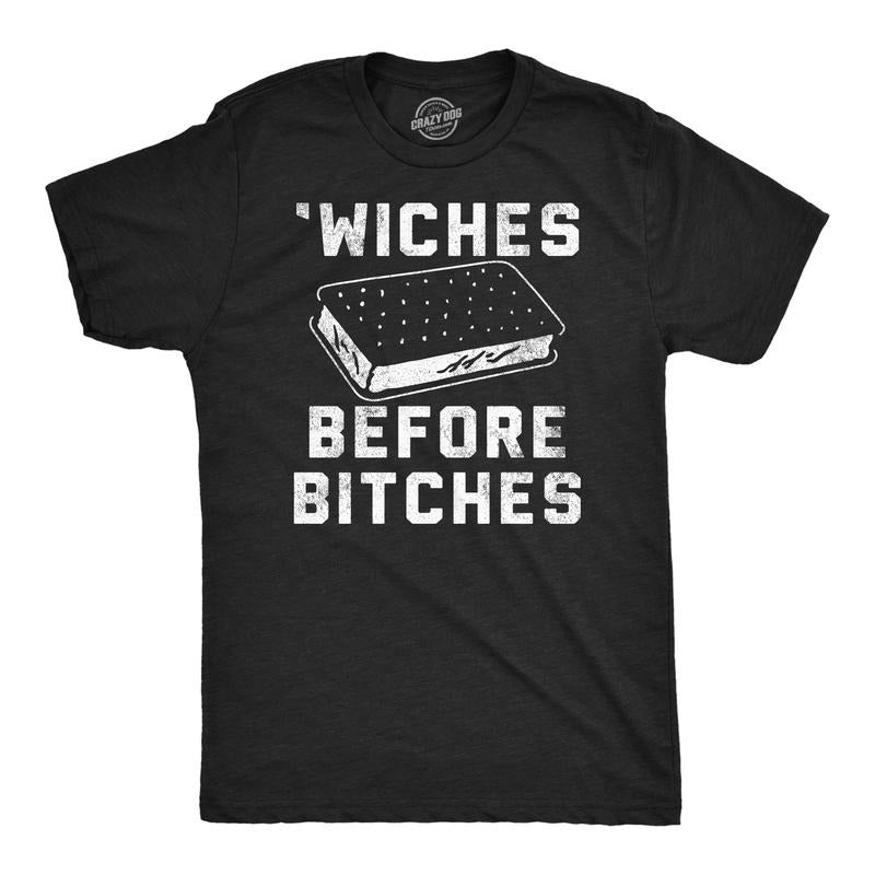 Mens Funny T Shirts Wiches Before Bitches Sarcastic Ice Cream Sandwich Graphic Tee For Men Mens Funny T Shirts Cool Tees Soft Stylish Casual Menswear Sarcastic Apparel for Men Funny Food Short Sleeve Black -
