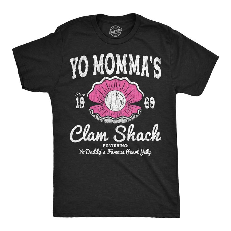 Mens Funny T Shirts Yo Mommas Clam Shack Sarcastic Restaurant Graphic Novelty Tee For Men Mens Funny T Shirts Cool Tees Soft Stylish Casual Menswear Funny Sarcastic Short Sleeve Novelty Tees for Guys Black - Yo