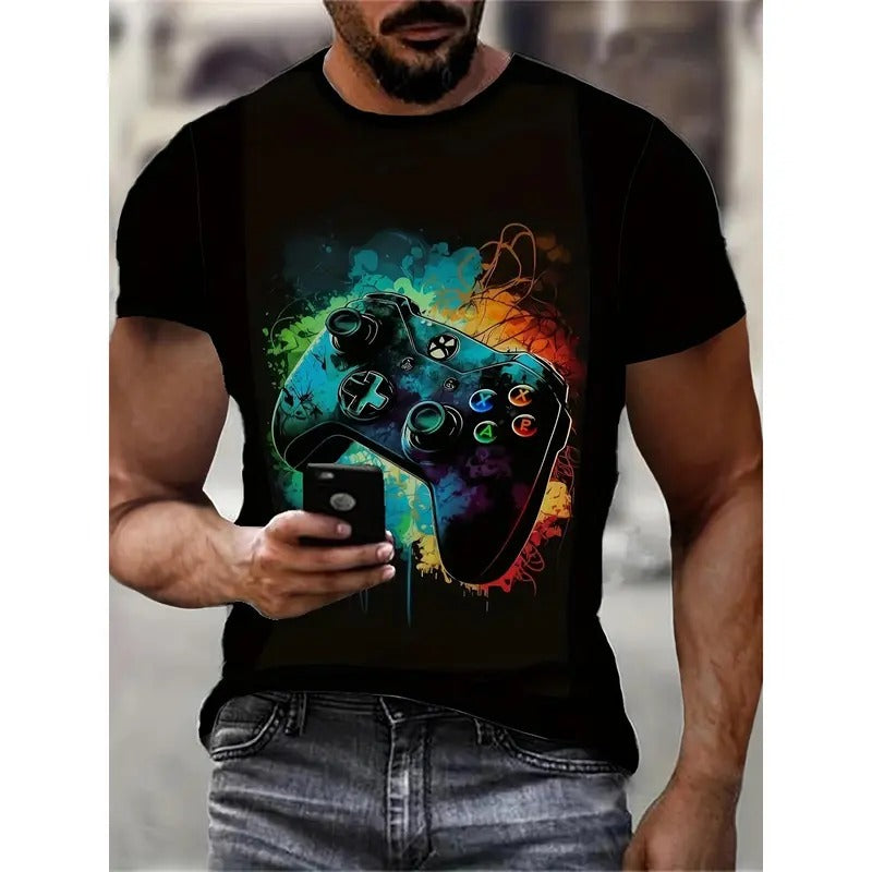Mens Gamepad Graphic Tee - Casual Short Sleeve Crew Neck Shirt - Lightweight, Breathable, Perfect for Gaming Enthusiasts & Outdoor Adventures Made in USA
