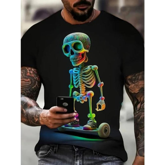 Mens Graphic Skeleton Print Crew Neck T-Shirt - Soft Slight Stretch Polyester Fabric, Machine Washable, Casual Short Sleeve Tee for Outdoor Activities - All-Season Wear Made in USA