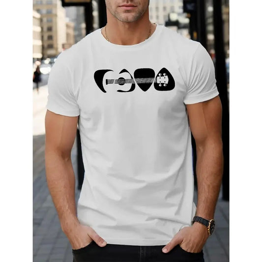 Mens Guitar Music Print T-shirt - Relaxed Fit, Short Sleeves, Unique Design - Perfect Summer Outing Tee for Music Lovers, Casual Everyday Wear Made in USA