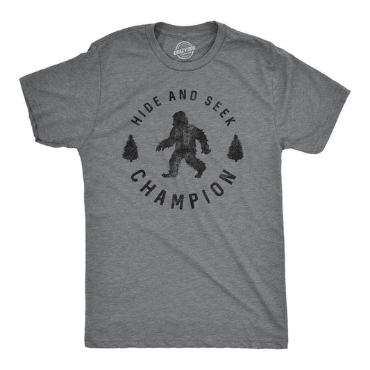 Mens Hide and Seek Champion T shirt Funny Bigfoot Tee Humor Cool Graphic Print Mens Funny T Shirts Cool Tees Soft Stylish Casual Dark Grey