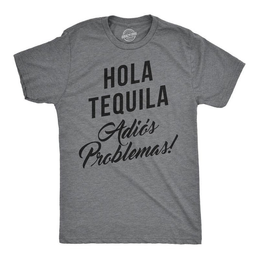 Mens Hola Tequila Adios Problemas Funny Shirts Hilarious Vintage Novelty T shirt Mens Funny T Shirts Cool Tees Soft Stylish Casual Menswear Cinco De Mayo Apparel for Men Funny Drinking Short Sleeve Dark Grey