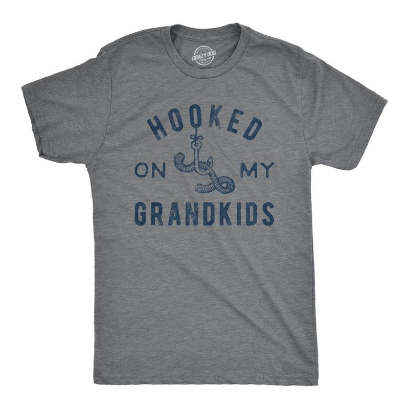 Mens Hooked On My Grandkids T Shirt Funny Fishing Grandpa Novelty Graphic Tee Mens Funny T Shirts Cool Tees Soft Stylish Casual Menswear Dad Joke Apparel for Men Funny Grandpa Short Sleeve Novelty Dark Grey