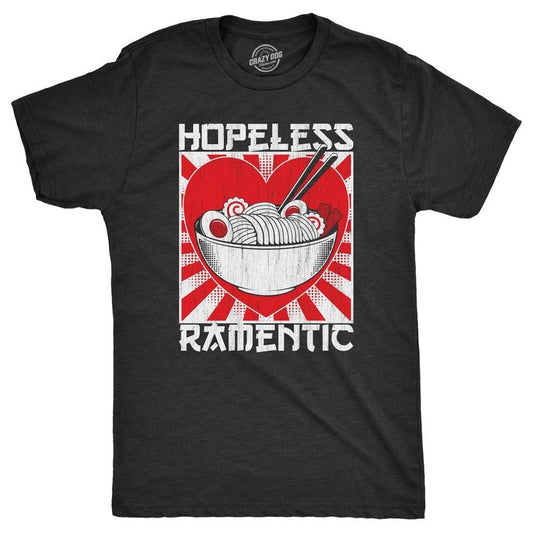 Mens Hopeless Ramentic T Shirt Funny Ramen Noodle Takeout Lovers Tee For Guys Mens Funny T Shirts Cool Tees Soft Stylish Casual Menswear Sarcastic Apparel for Men Funny Food Short Sleeve Novelty Tees Black -