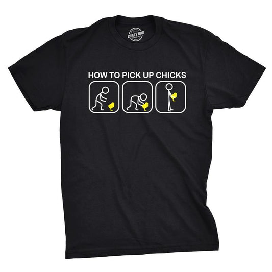 Mens How to Pick Up Chicks Funny T Shirt Cool Graphic Tee Sarcastic Novelty Top Humor Tees Mens Funny T Shirts Cool Tees Soft Stylish Casual Menswear Easter Apparel for Men Novelty Tees for Guys Black