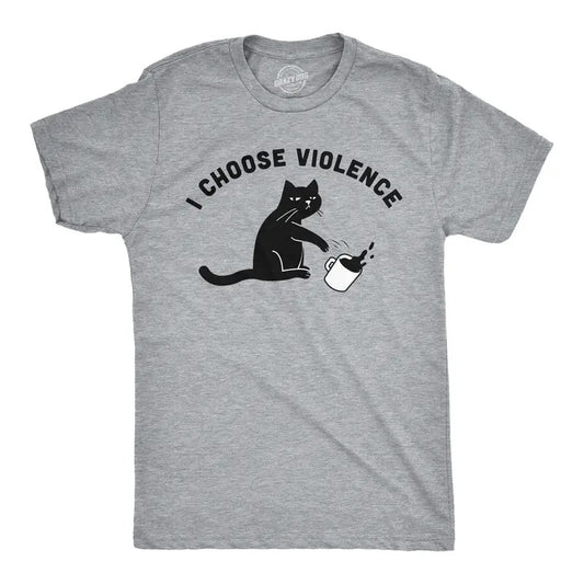 Mens I Choose Violence Funny T Shirts Saracastic Cat Graphic Tee For Men Mens Funny T Shirts Cool Tees Soft Stylish Casual Menswear Sarcastic Apparel for Men Funny Cat Short Sleeve Novelty Tees for Light Grey