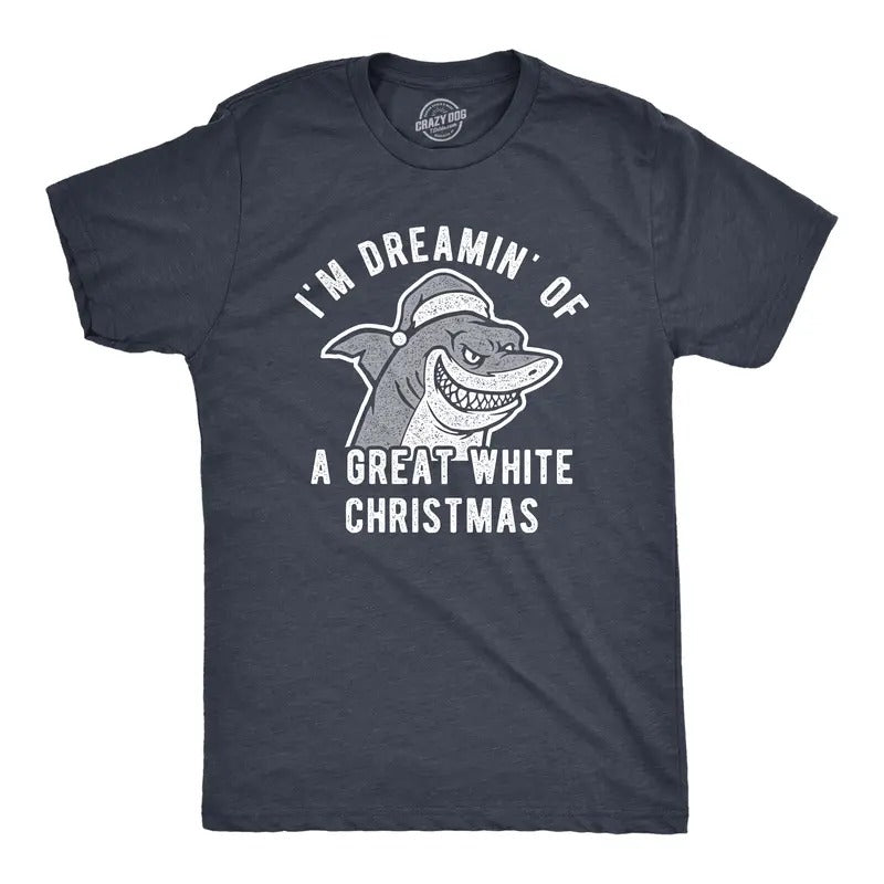 Mens I'm Dreamin' Of A Great White Christmas T Shirt Funny Holiday Shark Graphic Tee Mens Funny T Shirts Cool Tees Soft Stylish Casual Menswear Christmas Apparel for Men Funny Shark Short Sleeve Navy