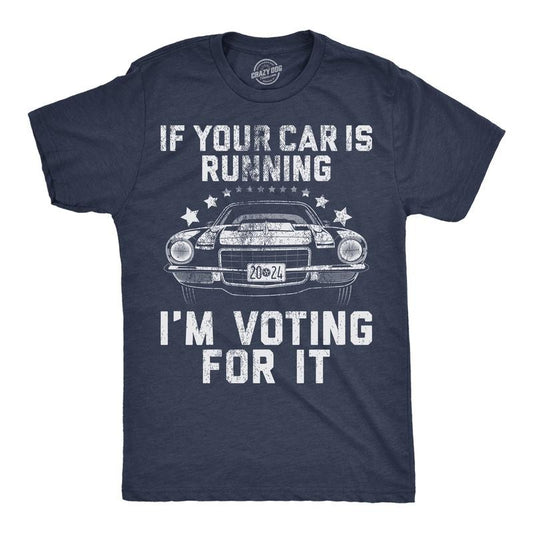 Mens If Your Car Is Running Im Voting For It Funny T Shirts Car Graphic Tee Mens Funny T Shirts Cool Tees Soft Stylish Casual Menswear Sarcastic Apparel for Men Funny Mechanic Short Sleeve Novelty Navy - Car