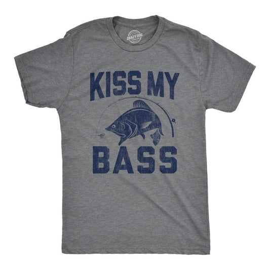 Mens Kiss My Bass T Shirt Funny Fishing Humor Kiss My Ass Graphic Tee Mens Funny T Shirts Cool Tees Soft Stylish Casual Menswear Funny Adult Humor Apparel for Men Funny Fishing Short Sleeve Novelty Dark Grey