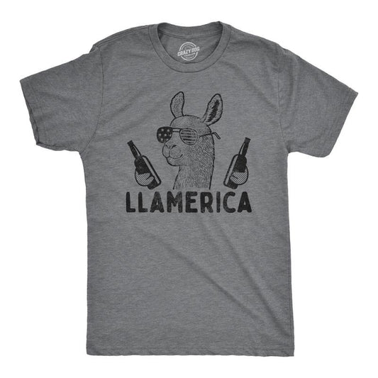Mens Llamerica T Shirt Funny 4th Of July Patriotic Beer Drinking Llama Graphic Novelty Party Tee Mens Funny T Shirts Cool Tees Soft Stylish Casual Menswear Patriotic Apparel for Men Funny Animal Short Dark Grey