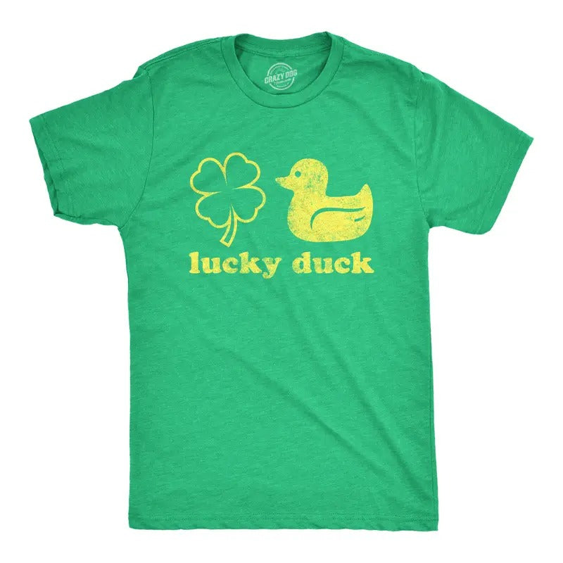 Mens Lucky Duck T Shirt Funny Shamrock St Patricks Day Graphic Tee Mens Funny T Shirts Cool Tees Soft Stylish Casual Menswear Saint Patrick's Day Apparel for Men Novelty Tees for Guys Green -