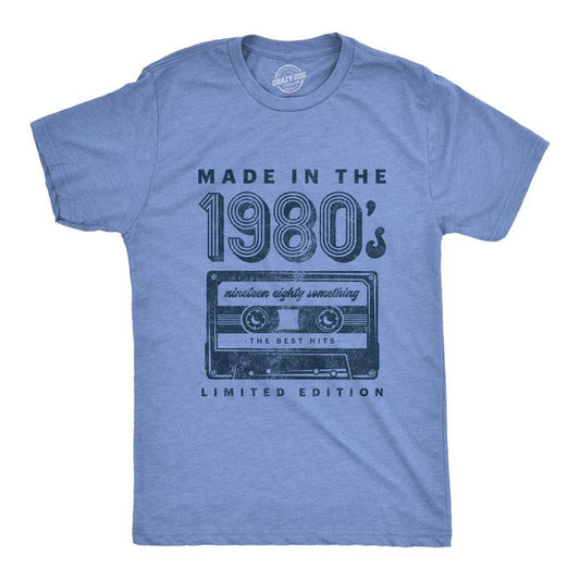 Mens Made In The 1980s T Shirt Funny Retro Cassette Tape Music Graphic Tee Mens Funny T Shirts Cool Tees Soft Stylish Casual Menswear Light Blue