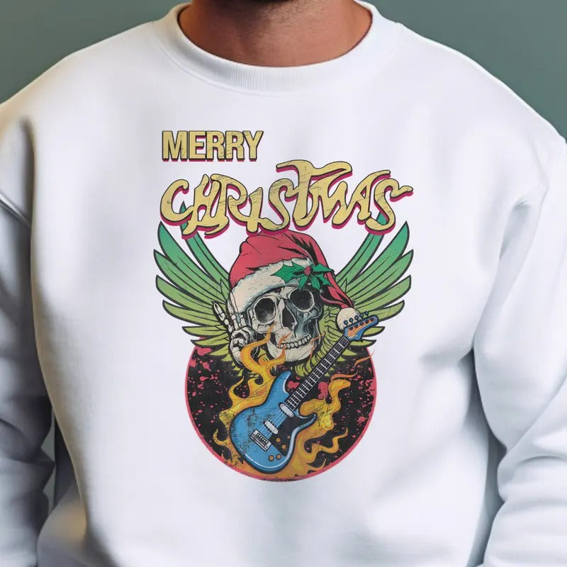 Mens Merry Christmas Rocker Tshirt Skull Christmas Sweatshirt Vintage Skull Rock Music Tee Christmas Skeleton Santa T-shirt Mens Gift Tee Gift for Boyfriend