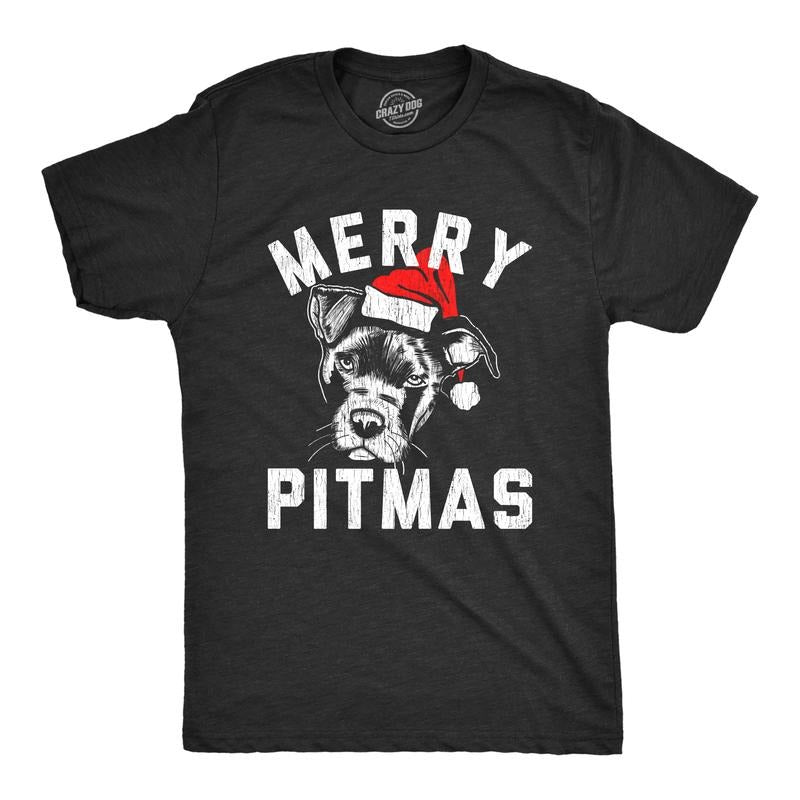 Mens Merry Pitmas T Shirt Funny Christmas Dog Pitbull Lover Pitty Holiday Graphic Novelty Tee Mens Funny T Shirts Cool Tees Soft Stylish Casual Menswear Christmas Apparel for Men Funny Dog Short Black