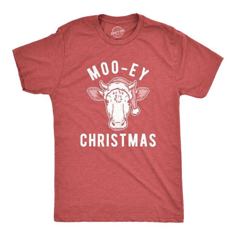 Mens Moo-ey Christmas T Shirt Funny Holiday Festive Cow Merry Xmas Graphic Tee Mens Funny T Shirts Cool Tees Soft Stylish Casual Menswear Christmas Apparel for Men Funny Animal Short Sleeve Novelty Red