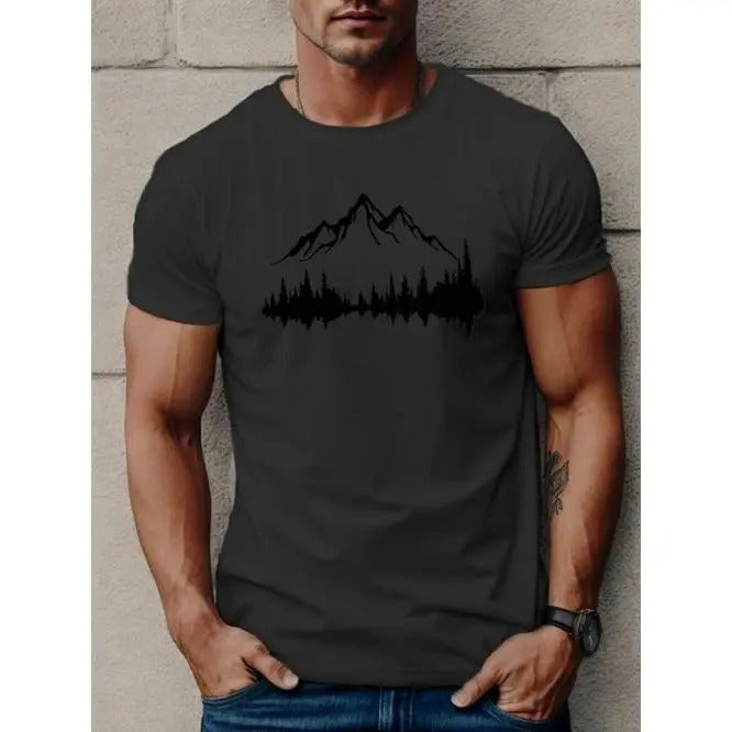 Mens Mountains & Trees Graphic T-Shirt - Lightweight, Breathable Short Sleeve Tee for Summer Adventures - Casual StyleMade in USA