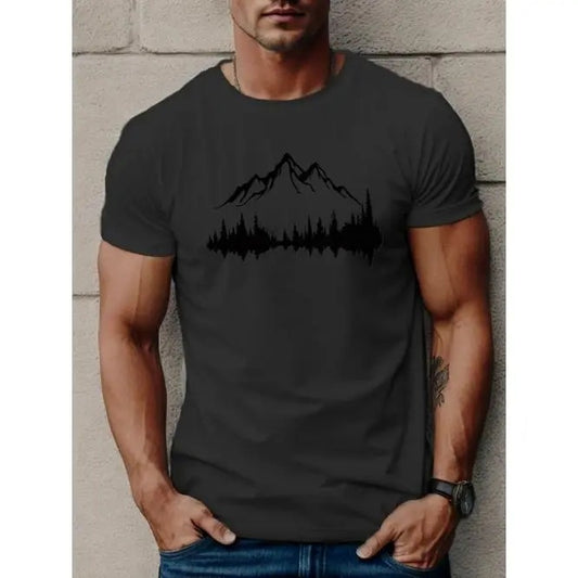Mens Mountains & Trees Graphic T-Shirt - Lightweight, Breathable Short Sleeve Tee for Summer Adventures - Casual StyleMade in USA