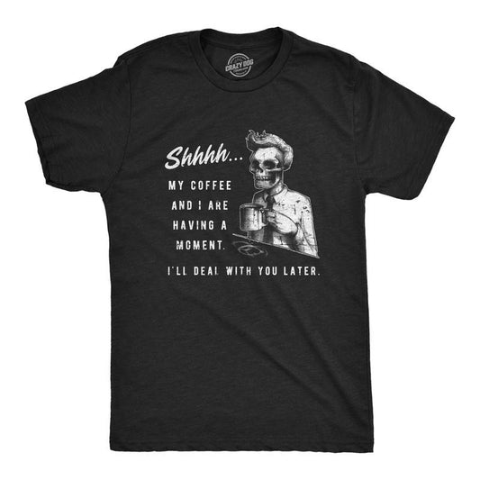 Mens My Coffee and I Are Having A Moment T Shirt Funny Skeleton Halloween Graphic Tee Mens Funny T Shirts Cool Tees Soft Stylish Casual Menswear Funny Coffee Short Sleeve Novelty Tees for Guys Black