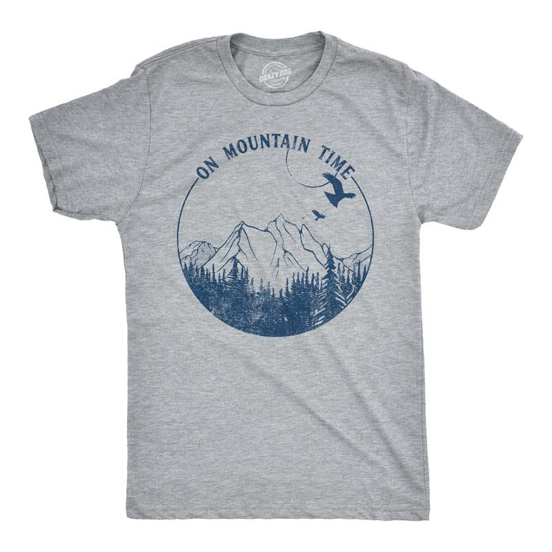 Mens On Mountain Time T shirt Cute Hiking Camping Gift Happy Camper Tee For Guys Mens Funny T Shirts Cool Tees Soft Stylish Casual Menswear Funny Camping Short Sleeve Novelty Tees for Guys Light Grey