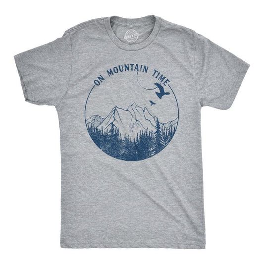 Mens On Mountain Time T shirt Cute Hiking Camping Gift Happy Camper Tee For Guys Mens Funny T Shirts Cool Tees Soft Stylish Casual Menswear Funny Camping Short Sleeve Novelty Tees for Guys Light Grey