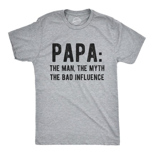 Mens Papa The Man The Myth The Bad Influence T Shirt Funny Fathers Day Grandpa Graphic Tee Mens Funny T Shirts Cool Tees Soft Stylish Casual Menswear Dad Joke Apparel for Men Funny Grandpa Short Light Grey