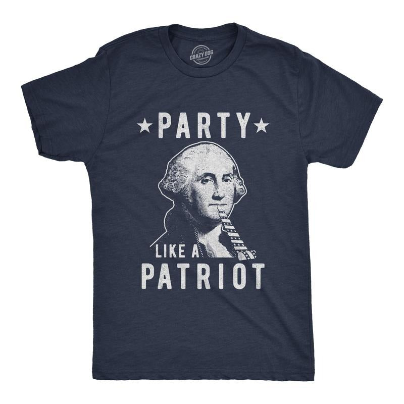 Mens Party Like A Patriot T Shirt Funny 4th Of July George Washington Graphic Tee Mens Funny T Shirts Cool Tees Soft Stylish Casual Menswear Patriotic Apparel for Men Funny Drinking Short Sleeve Navy
