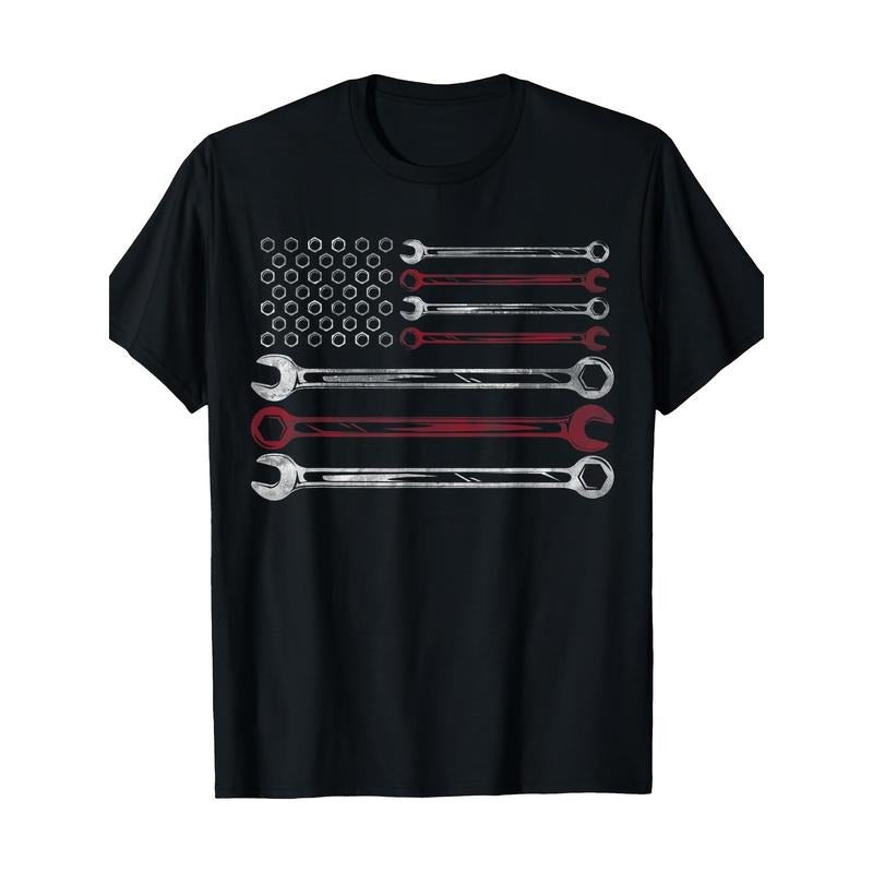 Mens Patriotic Mechanic Flag American Car Repairman Gift USA Flag T-Shirt 100% Cotton Made in USA