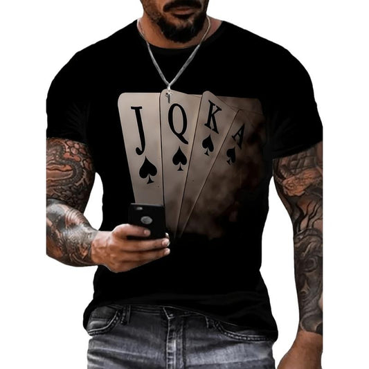 Mens Poker Graphic Tee - Fashionable Casual Style - Comfortable Slightly Elastic Fit - Round Neck T-Shirt for Summer & Autumn - Durable Seasonal Wear made in usa