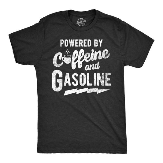 Mens Powered By Caffeine And Gasoline T Shirt Funny Coffee Mechanic Joke Tee For Guys Mens Funny T Shirts Cool Tees Soft Stylish Casual Menswear Mechanic Apparel for Men Funny Coffee Short Sleeve Black -