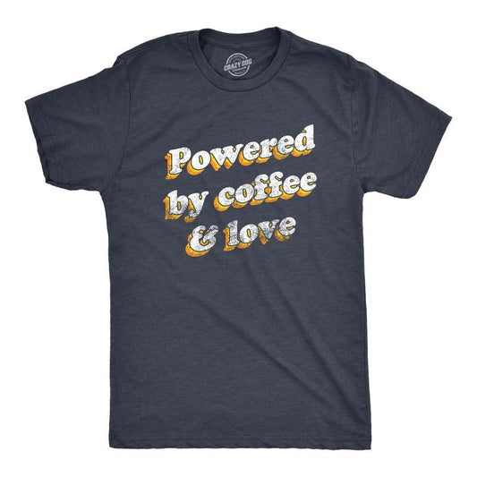 Mens Powered By Coffee And Love T Shirt Funny Retro Graphic Fun Novelty Tee For Guys Mens Funny T Shirts Cool Tees Soft Stylish Casual Menswear Vintage Apparel for Men Funny Coffee Short Sleeve Navy