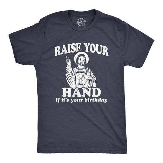 Mens Raise Your Hand If It's Your Birthday T Shirt Funny Jesus Christmas Graphic Tee Mens Funny T Shirts Cool Tees Soft Stylish Casual Menswear Christmas Apparel for Men Novelty Tees for Guys Navy