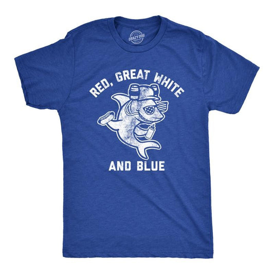 Mens Red Great White and Blue T Shirt Funny 4th Of July Shark USA Patriotic Graphic Tee Mens Funny T Shirts Cool Tees Soft Stylish Casual Menswear Patriotic Apparel for Men Funny  Short Sleeve Novelty Royal