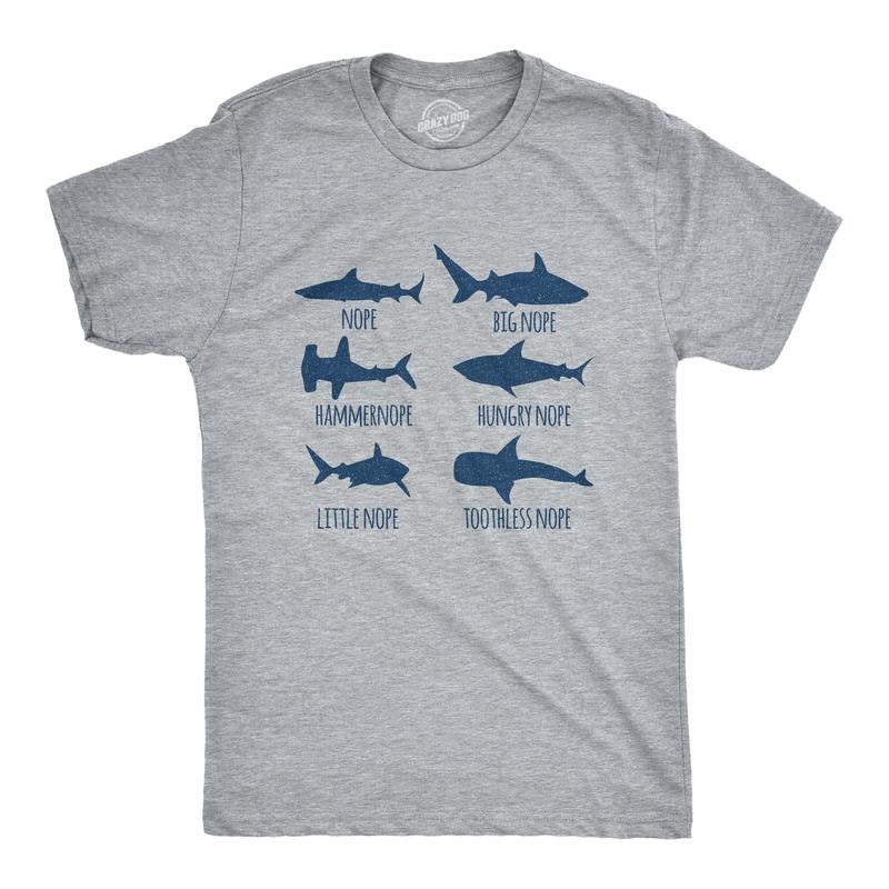 Mens Shark Nope T Shirt Funny Fear Of Sharks Breeds Graphic Novelty Tee For Guys Mens Funny T Shirts Cool Tees Soft Stylish Casual Menswear Sarcastic Apparel for Men Funny Shark Short Sleeve Novelty Light Grey