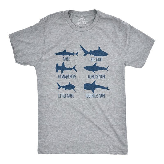 Mens Shark Nope T Shirt Funny Fear Of Sharks Breeds Graphic Novelty Tee For Guys Mens Funny T Shirts Cool Tees Soft Stylish Casual Menswear Sarcastic Apparel for Men Funny Shark Short Sleeve Novelty Light Grey