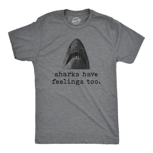 Mens Sharks Have Feelings Too T Shirt Funny Beach Vacation Chomp Graphic Tee Mens Funny T Shirts Cool Tees Soft Stylish Casual Menswear Sarcastic Apparel for Men Funny Shark Short Sleeve Novelty Tees Dark Grey