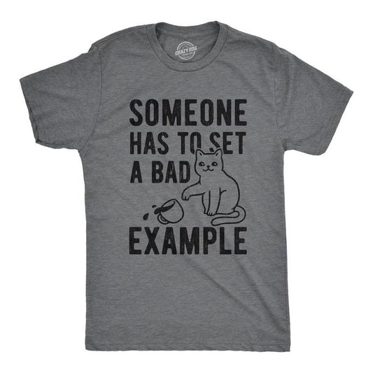 Mens Someone Has to Set A Bad Example Hilarious Coffee Cat Graphic T-Shirt Mens Funny T Shirts Cool Tees Soft Stylish Casual Menswear Coffee Apparel for Men Funny Cat Short Sleeve Novelty Tees for Dark Grey
