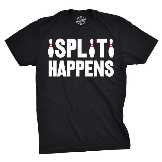 Mens Split Happens Funny Bowling Graphic Text Hilarious Sports T Shirt Mens Funny T Shirts Cool Tees Soft Stylish Casual Menswear Novelty Tees for Guys Black
