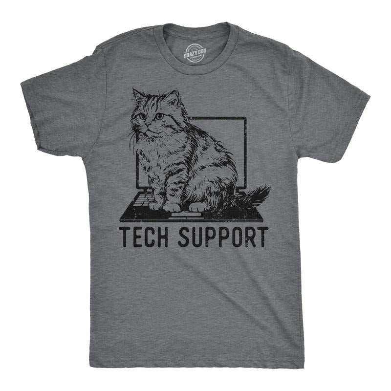Mens Tech Support Funny T Shirts Cute Kitten Graphic Tee for Men Mens Funny T Shirts Cool Tees Soft Stylish Casual Menswear Sarcastic Apparel for Men Funny Cat Short Sleeve Novelty Tees for Guys Dark Grey