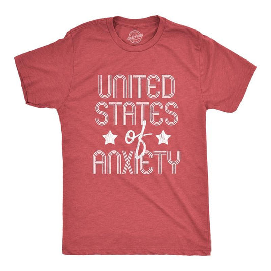 Mens United States Of Anxiety T shirt Funny USA Society Joke Graphic Tee Mens Funny T Shirts Cool Tees Soft Stylish Casual Menswear Patriotic Apparel for Men Funny Introvert Short Sleeve Novelty Tees Red