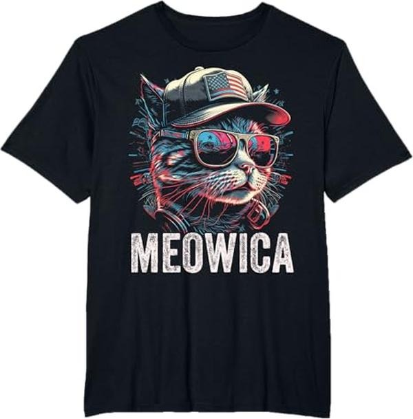 Meowica 4th of July Cat American Flag America USA  T-Shirt- Casual Basic Smooth apparel Cotton Menswear