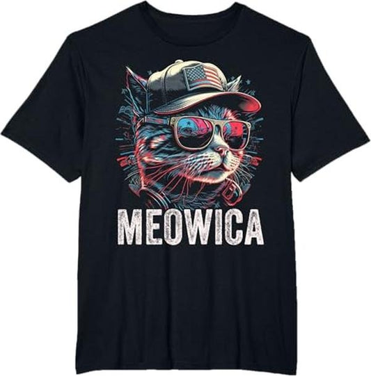Meowica 4th of July Cat American Flag America USA  T-Shirt- Casual Basic Smooth apparel Cotton Menswear