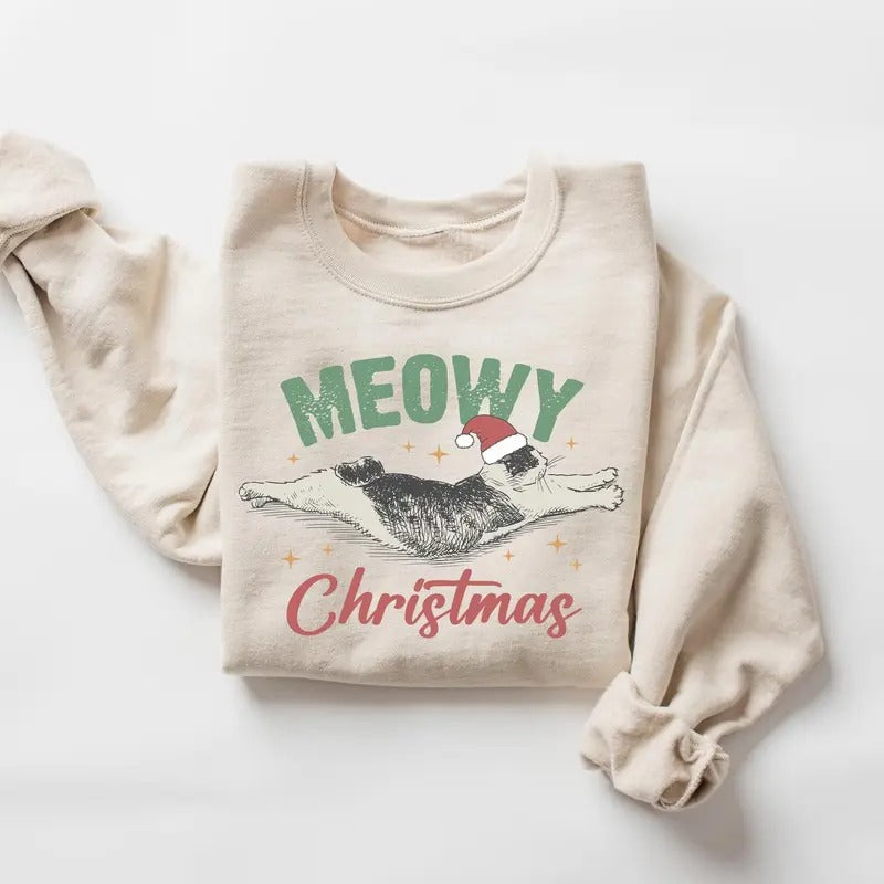 Meowy Christmas Sweatshirt, Cat Christmas Shirt, Cute Cat Shirt, Christmas Crewneck Hoodie, Cat Mom Shirts Casual Classic Collar Cotton Fabric Jersey