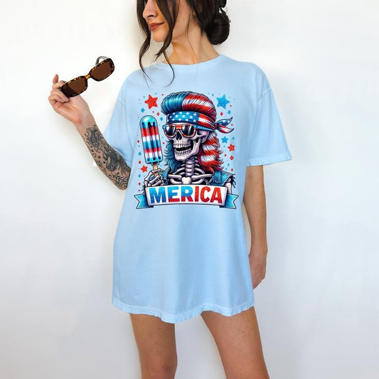 Merica' - T-Shirt, Funny Tee, Patriotic, Summer, Fourth of July,  Skeleton,Bright Graphic, Funny Apparel, Gift Idea, Relaxed Fit, Casual Apparel, Cute Top, Great with Jeans, All Seasons, Fun Style, Comfortable Shirt